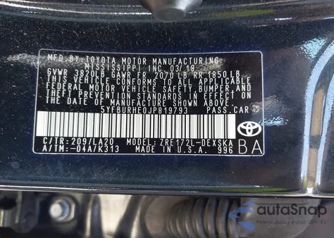 2018 Toyota Corolla Xse z USA, uszkodzony, nr VIN 5YFBURHE0JP819793